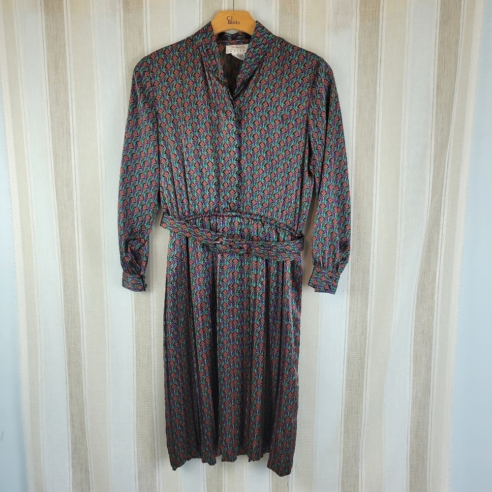 Vintage Talbots Long Sleeve Midi Dress‎ Size 12 Belted Silky Pleated Seventies